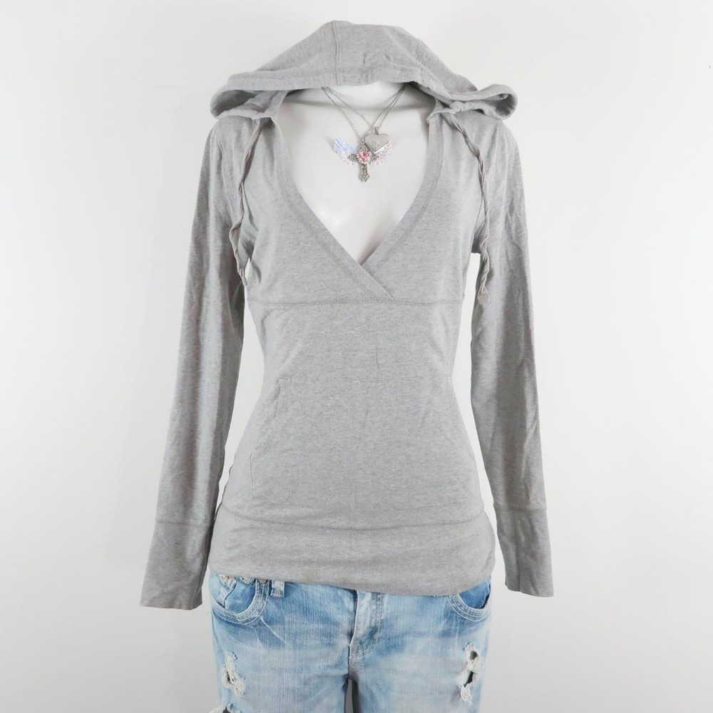 y2k grey crossover v neck hoodie fitted long sleeve top